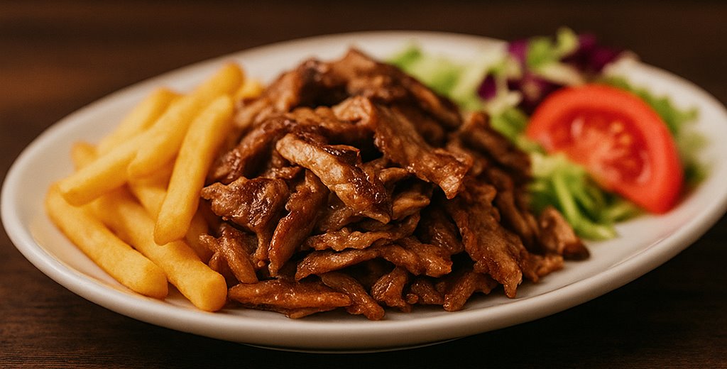Gyros mit Pommes und Salat auf einem Teller