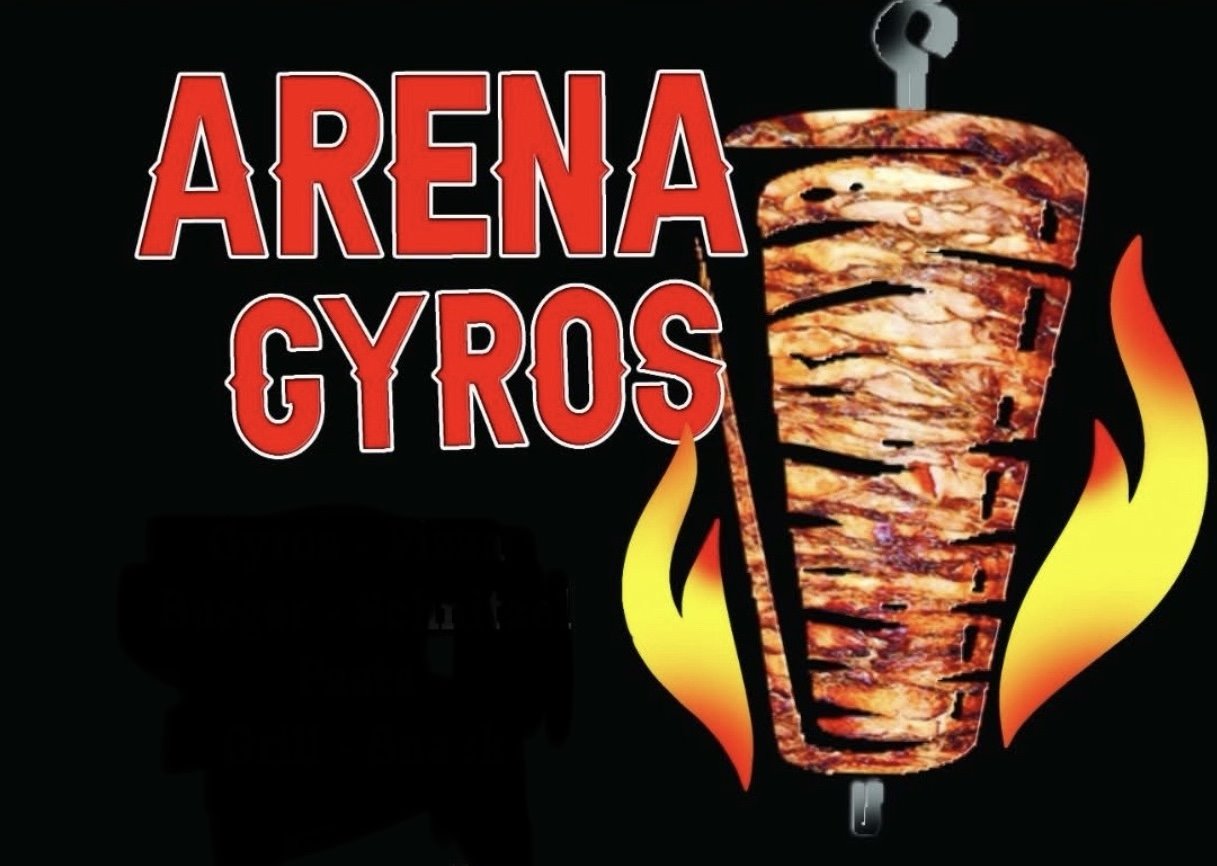Arena Gyros Logo mit Gyros-Spieß und Flammen